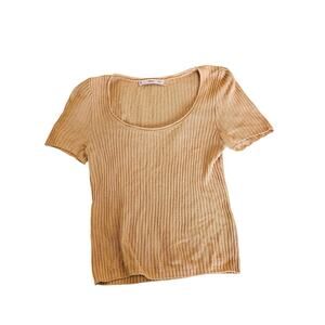 MNG Mango Ribbed Knit Top Women’s Medium Beige Short Sleeve Scoop Neck